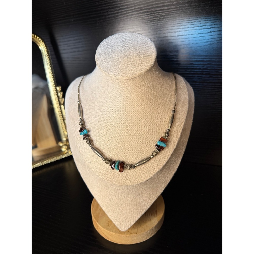 Southwestern Liquid Silver Turquoise Garnet Bead Necklace 20 Inch Barrel Clasp